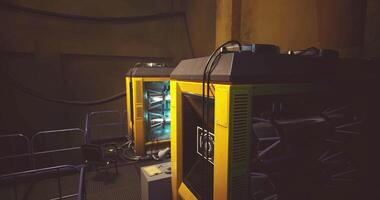 CGI Industrial machinery illuminated in a dimly lit workshop environment video