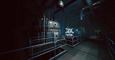 CGI Industrial facility with machinery illuminated by artificial light at night video