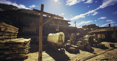 CGI Old western town featuring wooden structures and a wagon under clear skies video