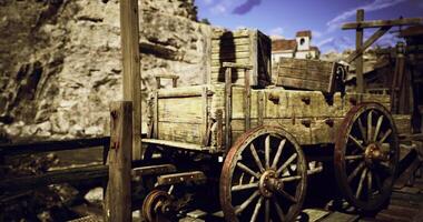 CGI Old wooden cart parked at a rustic dock surrounded by rocky hills video