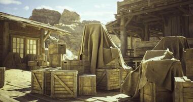 CGI Old west town with wooden crates and covered objects in the sunlight video