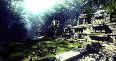CGI Ancient ruins emerge from a misty forest with a tranquil pond at noon video