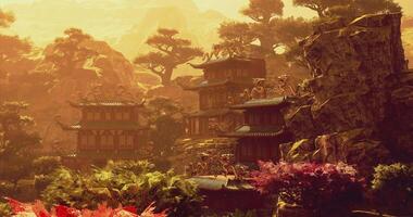 CGI Majestic ancient architecture nestled in a lush mountainous landscape in China video