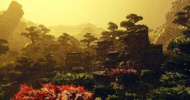 CGI Scenic view of vibrant nature and traditional architecture in China at sunset video