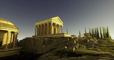 CGI Ancient structures on rocky terrain during sunset near a historical site video