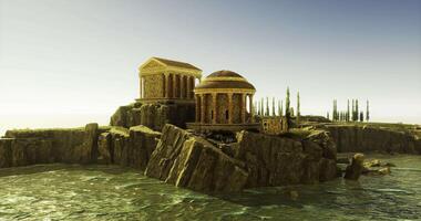 CGI Ancient temple structures on rocky coastline during sunset video