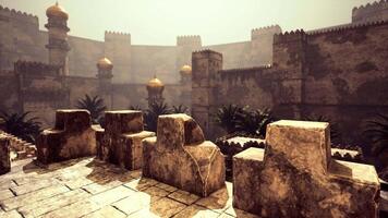CGI Exploring ancient architecture in a sunlit courtyard with palm trees video