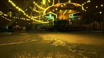 CGI Bright lights illuminate empty fairground rides at night after rain video