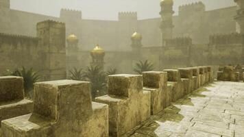 CGI Ancient fortress courtyard with golden domes and misty atmosphere video