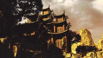 CGI Ancient architecture in China surrounded by natural beauty at dusk video