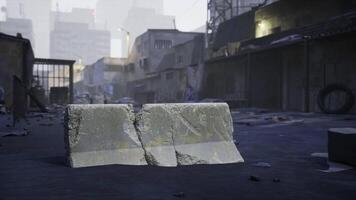 CGI Urban desolation with concrete barrier and abandoned buildings at dusk video