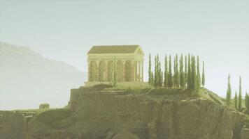CGI Temple silhouette seen atop a hill under a hazy sky during calm daylight hours video