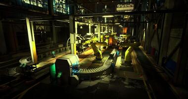 CGI Robotic arms operate on an assembly line in a dimly lit manufacturing facility video