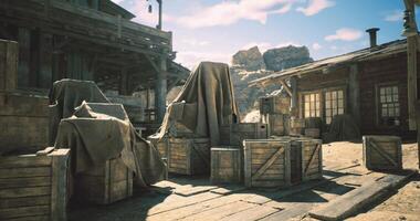 CGI Rustic settlement with wooden crates under draped covers in bright sunlight video