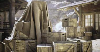 CGI Wooden crates stacked at a rustic storage area covered with a cloth video