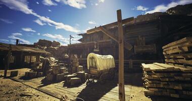 CGI Old western town with a wooden wagon and crates under a clear sky video