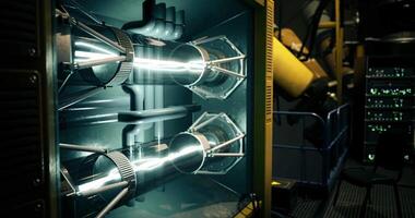 CGI Advanced energy source inside a futuristic laboratory with vibrant plasma flow video