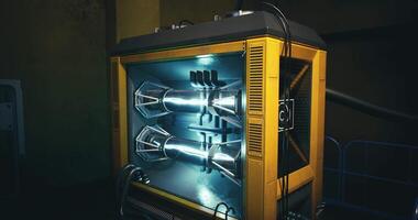 CGI Futuristic energy generator with glowing components in industrial setting video