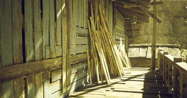 CGI Sunlit wooden structure with leaning sticks on a rustic pathway video