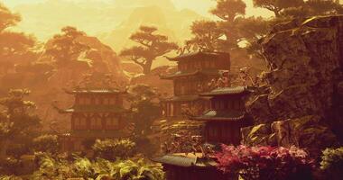 CGI Stunning ancient architecture nestled in serene mountainous landscape video