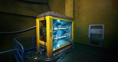 CGI Futuristic energy source inside a high tech facility with glowing components video