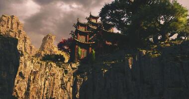 CGI A striking architectural structure stands majestically on rocky cliffs in China video