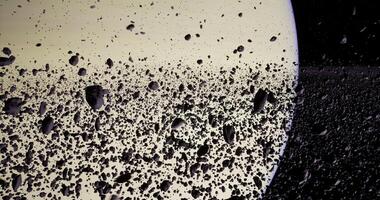CGI View of a vast asteroid field near a planet in space during cosmic exploration video