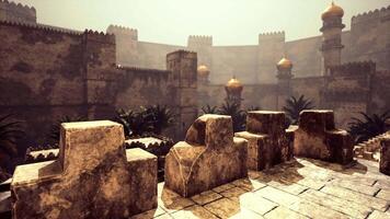 CGI Ancient fort with golden domes and stone architecture during bright daylight video
