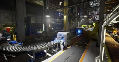 CGI Industrial warehouse with conveyor belt system operating during evening hours video