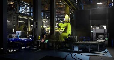 CGI Robotic automation in a modern manufacturing facility during nighttime video
