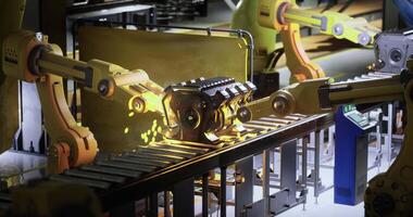 CGI Robotic arms working on assembly line in a modern manufacturing facility video