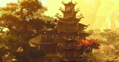 CGI Majestic pagoda surrounded by vibrant trees in a tranquil setting in China video