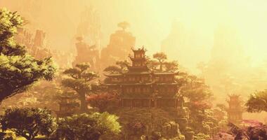 CGI Majestic ancient architecture nestled among rocky hills in China at sunset video
