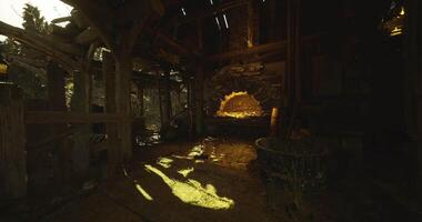 CGI Wooden structure with sunlight illuminating a rustic fireplace interior video