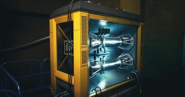 CGI Futuristic energy generator illuminated in a dimly lit industrial setting video