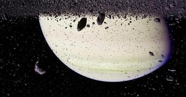 CGI Stunning view of planetary surface with floating asteroids in space video