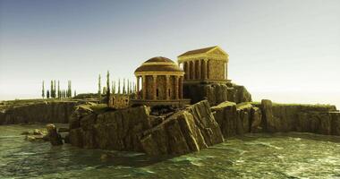 CGI Ancient temple ruins on rocky coastline at sunrise video
