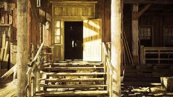 CGI Rustic wooden entrance with sunlit steps leading into a deserted building video