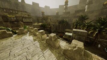CGI Ancient cityscape with palm trees and historical architecture at dusk video