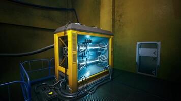 CGI Futuristic storage unit with glowing components in an industrial setting video