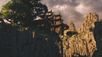 CGI Majestic ancient structure perched on rocky cliffs in China video