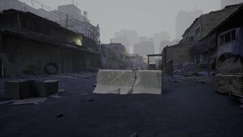 CGI Urban street in disarray shows abandoned buildings and debris at dusk video