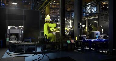 CGI Automated assembly line with industrial robots in a factory video