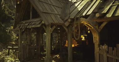 CGI Rustic workshop with wooden structure surrounded by nature at dawn video