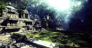 CGI Ancient ruins covered in greenery in a misty forest environment video
