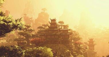 CGI Ancient Chinese structure surrounded by lush greenery at sunset video
