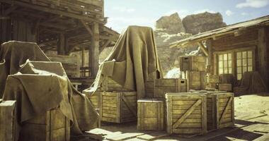 CGI Western style dusty town with covered crates and wooden structures video