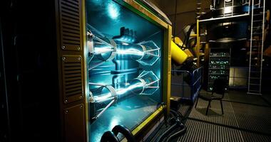 CGI Advanced machinery in a dimly lit, futuristic industrial space video
