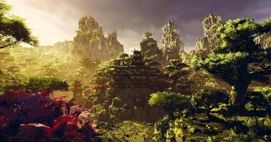 CGI Majestic Chinese landscape with ancient architecture and mountainous backdrop video
