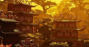 CGI Elegant ancient architecture surrounded by lush nature in China video